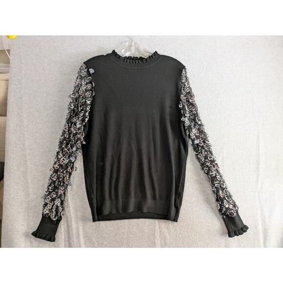 Sioni Milano Sweater Women L Leopard Ruffle Mock Lace Long Sleeve Pullover Black - Picture 1 of 9